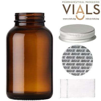 Amber Glass Pill Bottle 750ml TYPE III with Silver Aluminum Cap & Press  Liner for Pills , Tablet , Supplements , Vitamins , Capsules , Nutrition